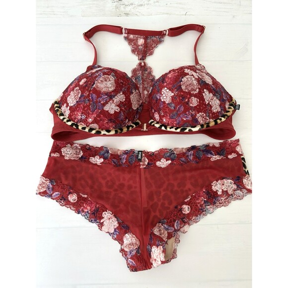 Victoria's Secret PINK 36D Floral Cheetah Racerback Date Push-up Bra & Panty LG - Picture 1 of 5